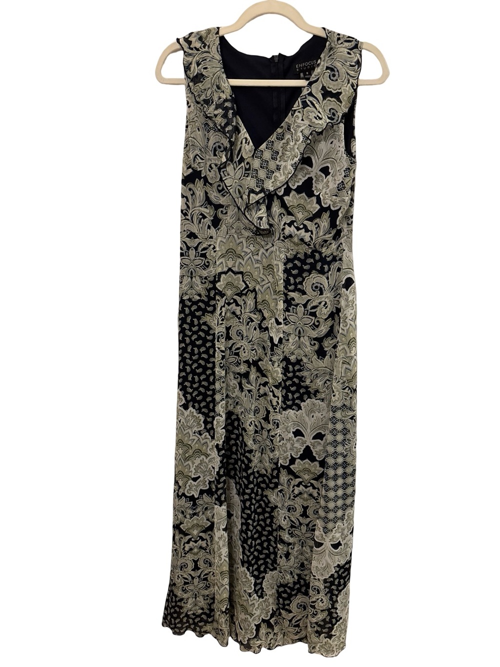 Enfocus Studio Navy & Cream Printed Feminine Sleeveless Chiffon Maxi Dress Sz 8
